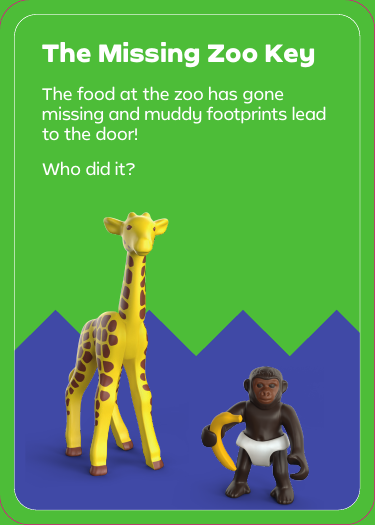 The Missing Zoo Key prompt card - the food at the zoo has gone missing and muddy footprints lead to the door